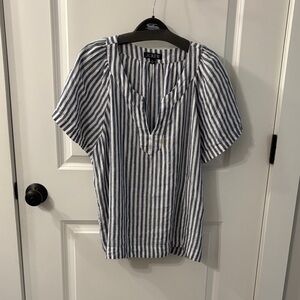 J. Crew Navy and White Striped Linen Blouse